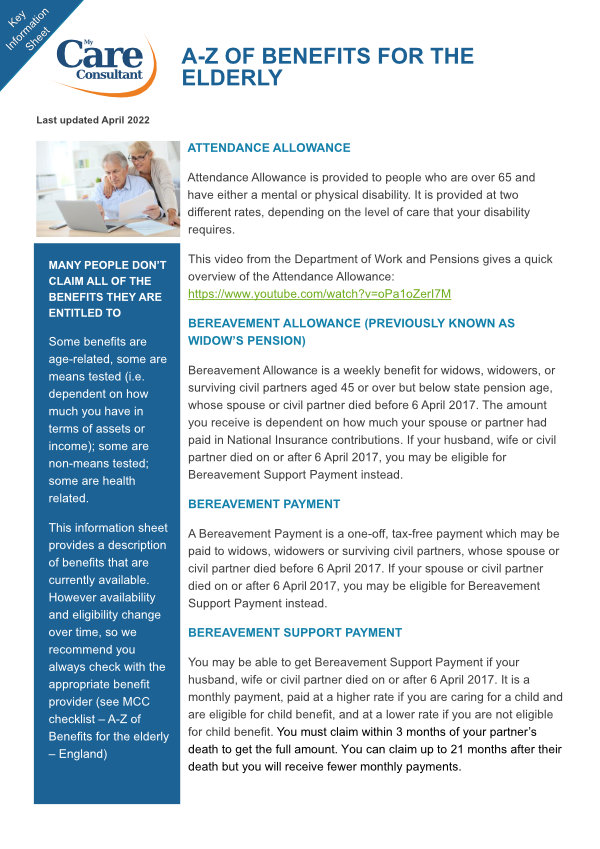 KI002 A to Z of Benefits for the Elderly My Care Consultant